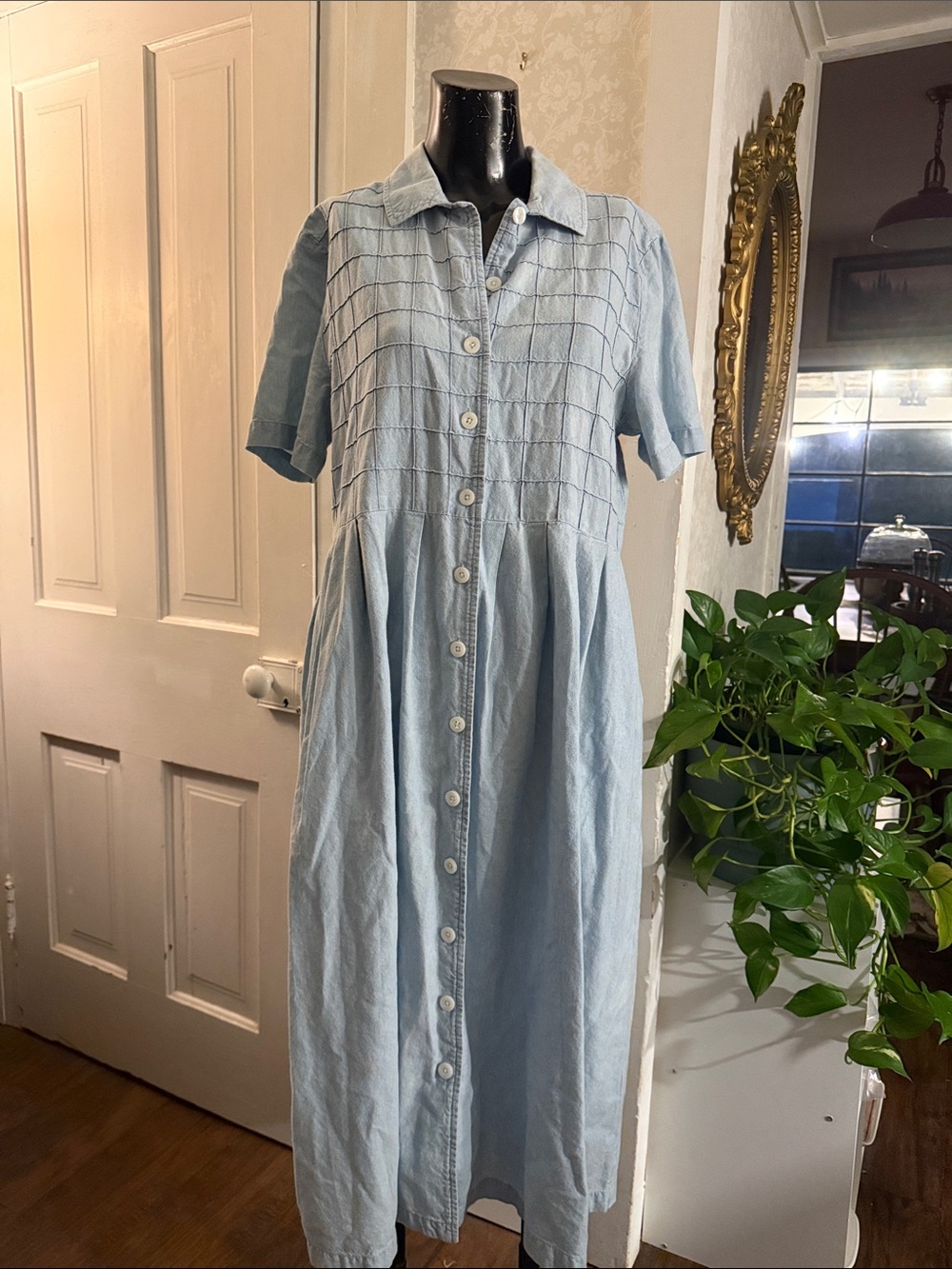 Talbots 100% Cotton Windowpane Button Front Midi Shirt Light Denim Dress 14